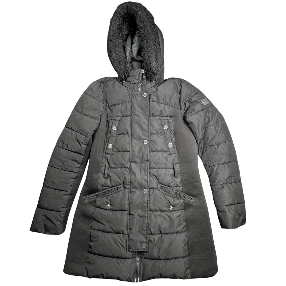 Michael Kors Puffer Jacket Womens M Black Faux Fur Hood Winter Coat‎